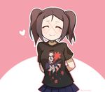  alternate_hairstyle arms_behind_back blush breasts brown_hair carol_(skullgirls) ng_(kimjae737) pleated_skirt shirt short_twintails skirt skullgirls small_breasts smile solo stitches t-shirt twintails twitter_username 