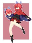  akagashi_hagane bad_id bad_pixiv_id boots border bow cape covering_mouth disembodied_head full_body hair_bow hair_ornament long_sleeves looking_at_viewer outside_border red_eyes red_hair sekibanki shirt short_hair simple_background skirt solo touhou 