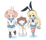  bangs brown_hair bunny captured_alien dress hair_ornament kantai_collection long_hair mato_tsuyoi multiple_girls open_mouth parody sailor_dress sazanami_(kantai_collection) school_uniform shimakaze_(kantai_collection) short_hair thighhighs yukikaze_(kantai_collection) 