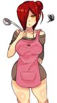  alternate_hairstyle apron arm_behind_back bare_shoulders blush breasts cowboy_shot dress hair_bun hair_over_one_eye ladle large_breasts long_hair off-shoulder_sweater parasoul_(skullgirls) red_hair simple_background skullgirls solo squiggle standing sweater sweater_dress toi_(toiot) white_background yellow_eyes 