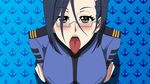  1girl black_eyes blue_hair blush bodysuit breast_hold breasts earrings female glasses highres jewelry large_breasts looking_at_viewer niimi_kaoru open_mouth short_hair simple_background sitting solo tongue tongue_out uchuu_senkan_yamato uchuu_senkan_yamato_2199 uniform 
