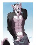  2015 abs anthro canine clothed clothing cyan_eyes feralise half-dressed male mammal muscles pants pecs smile solo topless wolf 