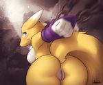  2015 absurd_res bandai blue_eyes blush breasts butt chain cuffs derpah digimon female hi_res pussy renamon restrained solo tears 