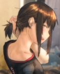  1girl alternate_costume artist_name blurry blush brown_eyes casual collarbone depth_of_field ergot from_above fubuki_(kantai_collection) hairband holding holding_hair kantai_collection looking_back low_ponytail neck open_mouth short_ponytail shoulder_blades signature sketch smile solo 