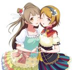  ;d ;o bow bracelet brown_hair detached_sleeves hair_bow hair_ribbon hairband heart heart_hands heart_hands_duo jewelry koizumi_hanayo long_hair looking_at_viewer love_live! love_live!_school_idol_project minami_kotori multicolored multicolored_clothes multicolored_skirt multiple_girls nanotsuki one_eye_closed one_side_up open_mouth puffy_detached_sleeves puffy_short_sleeves puffy_sleeves ribbon ribbon-trimmed_collar ribbon_trim short_hair short_sleeves simple_background skirt smile striped vertical-striped_skirt vertical_stripes white_background yellow_eyes 