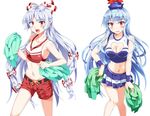  albino alternate_costume belt blue_hair blush bow breasts cheerleader cleavage cleavage_cutout downscaled e.o. fujiwara_no_mokou hair_bow hair_ornament hat heart_cutout jpeg_artifacts kamishirasawa_keine long_hair looking_at_viewer md5_mismatch medium_breasts midriff multiple_girls navel open_mouth pom_poms red_eyes resized shirt shorts simple_background skirt skirt_set sleeveless smile touhou white_background white_hair wrist_cuffs 