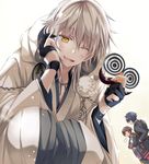  black_gloves black_hair brown_hair funny_glasses glasses gloves hirai_yuzuki japanese_clothes male_focus multiple_boys one_eye_closed ookurikara partly_fingerless_gloves robe shokudaikiri_mitsutada smile touken_ranbu tsurumaru_kuninaga white_hair yellow_eyes 