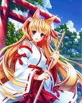  :d absurdres animal_ears arch bamboo_broom blonde_hair blue_sky broom cloud day detached_sleeves fox_ears fox_tail hakama highres japanese_clothes kimono long_hair looking_at_viewer miko nontraditional_miko open_mouth outdoors red_hakama ribbon-trimmed_sleeves ribbon_trim riv sky smile solo tail torii two_side_up very_long_hair 