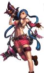  1girl alternate_breast_size belt blue_hair boots braid breasts bullets gloves hairline jinx_(league_of_legends) league_of_legends long_hair pink_eyes shorts single_thighhigh tattoo twin_braids weapon 