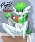  anthro anus big_breasts breasts english_text female gardevoir green_hair hair humanoid mrploxy navel nintendo nipples nude pok&eacute;mon presenting pussy red_eyes shadow sitting smile solo spread_legs spreading text video_games 