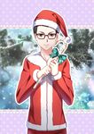  black_hair brown_eyes candy candy_cane christmas food fuchijikoku glasses hat joseph_oda male_focus santa_costume santa_hat solo the_evil_within 