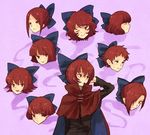  alternate_hairstyle bow cape closed_eyes comparison covering_one_eye disembodied_head hair_bow hair_ornament jpeg_artifacts long_sleeves looking_at_viewer looking_up one_eye_closed open_mouth profile red_eyes red_hair sekibanki shirt short_hair simple_background smile sweatdrop touhou urin 