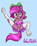  2015 anibaruthecat anthro arm_behind_head blue_background blue_eyes bow breasts clothing cub equine fan_character hair horn legwear looking_at_viewer mammal my_little_pony nipples open_mouth panties plain_background pussy small_breasts solo spread_legs spreading striped_legwear thigh_highs translucent transparent_clothing underwear unicorn young 