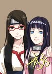  alternate_hairstyle black_hair blue_eyes facial_mark forehead_protector glasses multiple_girls naruto naruto_(series) older red-framed_eyewear shi_er_xian uchiha_sarada uzumaki_himawari 