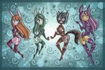  2013 animal_ears anthro armor black_fur black_hair blue_eyes blue_fur blue_hair breasts brown_fur butt clothed clothing female fur green_eyes group hair hi_res lagomorph legwear long_hair looking_at_viewer looking_back mammal melfina melody mint peach pink_fur pink_hair rabbit raccoon raptor007 red_eyes side_boob skimpy smile stripes unconvincing_armor white_fur 