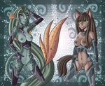  2013 animal_ears anthro armor black_fur black_hair breasts brown_fur canine clothed clothing duo female fish fur green_hair hair hi_res long_hair looking_at_viewer luna mammal marine navel nipples pose pubes purple_eyes pussy raptor007 smile song teeth unconvincing_armor yellow_eyes 