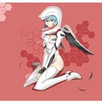  absurdres adapted_costume ayanami_rei bad_id bad_pixiv_id black_wings blue_hair bodysuit boots breasts cleavage cleavage_cutout cosplay end_of_evangelion helmet highres leotard light_smile mass_production_eva mass_production_eva_(cosplay) medium_breasts neon_genesis_evangelion red_eyes short_hair sitting solo steamed_egg thigh_boots thighhighs wariza white_bodysuit white_legwear wings 