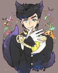  animal_ears black_hair blue_eyes candy extra_ears food gloves halloween higashikata_jousuke jojo_no_kimyou_na_bouken kemonomimi_mode male_focus peace_symbol pompadour solo tail toujou_sakana werewolf wolf_ears wolf_tail 