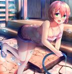  :d bad_id bad_pixiv_id bare_arms belt blush bubble camisole collarbone fang flip-flops green_eyes hair_between_eyes hair_ornament hairclip halterneck highres holding hose hoshizora_rin kumashou_(nabeyama_kaidou) leaning_forward leg_lift looking_at_viewer love_live! love_live!_school_idol_project midriff open_mouth orange_hair outdoors sandals short_hair short_shorts shorts slippers smile solo spaghetti_strap standing standing_on_one_leg thighs water_drop 