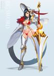  absurdres acid_g armor bad_id bad_pixiv_id bikini bikini_armor black_hair bracer breasts brown_eyes cape feathers helmet highres huge_weapon large_breasts original solo standing swimsuit sword thighhighs underboob weapon 