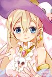  2015 artist_name blonde_hair blue_eyes blush dated earrings hat heart heart_background jewelry kanpani_girls necklace osa_okerbery shina_(shiina_tsuushin) skull smirk upper_body witch_hat 