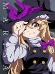  blonde_hair bow braid bwell character_name grin hair_bow hat kirisame_marisa long_hair one_eye_closed smile solo touhou witch_hat yellow_eyes 