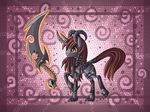  2013 armor brown_fur brown_hair clothed clothing demon equine fan_character female fur hair hi_res horn horse magic mammal my_little_pony orange_eyes pony purple_skin raptor007 sinthela smile solo sword unconvincing_armor unicorn weapon 