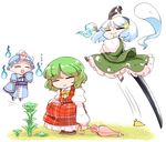  :3 :d =_= bald bald_girl bow chibi closed_eyes commentary_request dress flower green_hair hair_ribbon hairband hat hitodama japanese_clothes jumping kashuu_(b-q) katana kazami_yuuka konpaku_youmu konpaku_youmu_(ghost) multiple_girls open_mouth parasol plaid plaid_skirt plaid_vest ribbon saigyouji_yuyuko short_hair silver_hair skirt skirt_set smile squatting sword touhou triangular_headpiece umbrella v-shaped_eyebrows vest weapon 