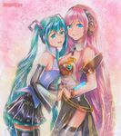  artist_name asymmetrical_docking blue_eyes breast_press breasts collar detached_sleeves green_eyes green_hair hatsune_miku hatsune_miku_(vocaloid3) hatsune_miku_(vocaloid4) headphones highres interlocked_fingers long_hair looking_at_viewer marker_(medium) mayo_riyo megurine_luka megurine_luka_(vocaloid4) multiple_girls nail_polish necktie open_mouth pink_hair skirt smile thighhighs traditional_media twintails v4x very_long_hair vocaloid 