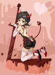  ass back backless_outfit bad_id bad_pixiv_id black_hair blush bodysuit butt_crack chocolate choker demon_girl demon_tail detached_sleeves garters highres horns jpeg_artifacts kneeling looking_back low_twintails original pink_legwear planted_sword planted_weapon red_eyes short_twintails solo steamed_egg sword tail thighhighs twintails weapon zettai_ryouiki 