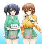  aqua_eyes black_hair blue_background blush breasts brown_hair cowboy_shot food geckolion giving gradient gradient_background hair_ribbon hakama_skirt hiryuu_(kantai_collection) holding kantai_collection large_breasts looking_at_viewer multiple_girls onigiri open_mouth plate ribbon short_hair short_twintails smile souryuu_(kantai_collection) twintails yellow_eyes 