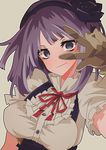 blue_eyes breasts brown_gloves dagashi_kashi gloves grey_background large_breasts leather leather_gloves looking_at_viewer maikeru_(dk_maikel) purple_hair shidare_hotaru short_hair simple_background smile solo v w 