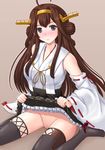  blush boots breasts brown_hair grey_eyes headgear japanese_clothes kantai_collection kongou_(kantai_collection) large_breasts long_hair looking_at_viewer miniskirt no_panties nontraditional_miko oyabun_(higashi) pussy skirt skirt_lift solo thigh_boots thighhighs uncensored 