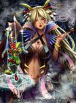  blonde_hair breasts cleavage dark_skin horns huge_breasts kiseru long_hair magic_circle pipe pochadon puppet red_eyes seiten_ragnarok smoking solo tattoo 