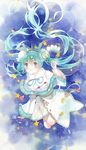  alternate_costume aqua_hair blue_eyes capelet flower hairband hatsune_miku highres lily_of_the_valley long_hair long_sleeves rei_(456789io) smile snow_fairy_story_(vocaloid) solo star traditional_media treble_clef twintails vocaloid watercolor_(medium) yuki_miku 