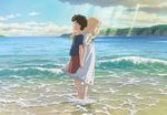  anna_(omoide_no_marnie) back-to-back barefoot blonde_hair brown_hair cloud day dress from_side highres holding_hands light_rays long_hair marnie multiple_girls ocean official_art omoide_no_marnie outdoors profile ribbon short_hair short_sleeves shorts sky sunbeam sunlight wading water white_dress 