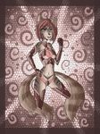  2013 2_tails animal_ears anthro armor armwear black_fur breasts brown_fur clothed clothing feline female fishnet fur green_eyes hair heterochromia hi_res legwear looking_at_viewer mammal multiple_tails nelya purple_eyes raptor007 solo stripes tiger unconvincing_armor 