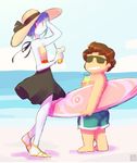  1boy 1girl artist_name bare_shoulders barefoot beach blue_hair blue_skin blue_sky brown_hair cloud curly_hair drink flat_chest grin lapis_lazuli_(steven_universe) looking_at_viewer ocean outdoors rambamboo ribbon sandals short_dress short_hair sky smile steven_quartz_universe steven_universe steven_universe_(character) straw sun_hat sunglasses surfboard swim_trunks 