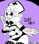  baymax big_hero_6 black_eyes blue_(hopebiscuit) blush_stickers breasts checkered checkered_background genderswap genderswap_(mtf) hat medium_breasts no_mouth no_pupils nurse nurse_cap short_hair solo striped striped_legwear thighhighs vertical-striped_legwear vertical_stripes white_hair 