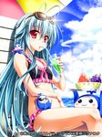  :3 beach bendy_straw bikini black_bikini cloud cup day drinking_glass drinking_straw eyewear_on_head food frilled_bikini frills fruit grapes innertube juice light_blue_hair long_hair looking_at_viewer navel ocean pochadon red_eyes seiten_ragnarok sitting sky solo sunglasses swimsuit tray umbrella watermelon 