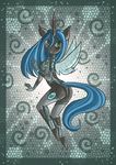  2013 anthro anthrofied black_skin blue_fur blue_hair breasts butt changeling clothed clothing crown female friendship_is_magic fur green_eyes hair horn legwear looking_at_viewer looking_back my_little_pony pose queen_chrysalis_(mlp) raptor007 side_boob smile solo spacesuit teeth wings 