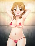  arms_behind_head arms_up bikini blush breasts brown_eyes brown_hair cleavage covered_nipples highres idolmaster idolmaster_cinderella_girls katagiri_sanae large_breasts long_hair looking_at_viewer low_twintails micro_bikini navel open_mouth short_twintails smile solo swimsuit totokichi twintails underboob 