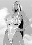  breasts cameltoe covered_nipples dark_skin gigantic_breasts greyscale halftone hands_on_hips highleg highleg_swimsuit highres long_hair looking_at_viewer monochrome nipples nokoppa one-piece_swimsuit original pubic_hair see-through smile solo swimsuit wet 