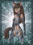  2013 animal_ears anthro armor armwear black_fur black_hair breasts brown_fur canine clothed clothing female fur hair hi_res legwear mammal navel raptor007 smile solo song teeth unconvincing_armor yellow_eyes 