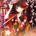  braid brown_hair cherry_blossoms copyright finger_to_mouth flower fox_mask hair_flower hair_ornament japanese_clothes kimono long_hair mask nail_polish obi oriental_umbrella original sakura_yuki_(clochette) sash side_braid signature solo tongue tongue_out umbrella 