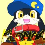  animal_ears blue_hat cameo character_name collar commentary_request creature crossover gloves happy hat kaze_no_klonoa klonoa looking_at_viewer no_humans pac-man pac-man_(game) red_collar shoes sideways_hat simple_background solo teeth text_focus uzu_(bluecalx) yellow_background 