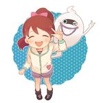  ayu_(mog) bad_id bad_pixiv_id blush brown_hair closed_eyes ghost grin heart kodama_fumika one_eye_closed open_mouth pigeon-toed ponytail purple_lips simple_background smile v whisper_(youkai_watch) white_background youkai youkai_watch 
