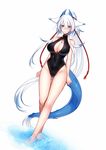  animal_ears barefoot blue_eyes blush breasts cleavage cleavage_cutout front_zipper_swimsuit full_body heterochromia horns konshin large_breasts long_hair looking_at_viewer meme_attire one-piece_swimsuit orie_hakua original ponytail red_eyes simple_background solo swimsuit tail unzipped very_long_hair wading white_background white_hair zipper 