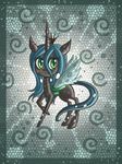  2013 black_skin blue_fur blue_hair changeling chibi crown cute female feral friendship_is_magic fur green_eyes hair holes horn looking_at_viewer my_little_pony nude queen_chrysalis_(mlp) raptor007 solo teeth wings 