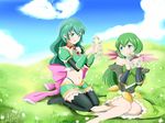  2girls armor brave_frontier faris flower green_eyes green_hair kimmy77 lidith multiple_girls siblings sisters 